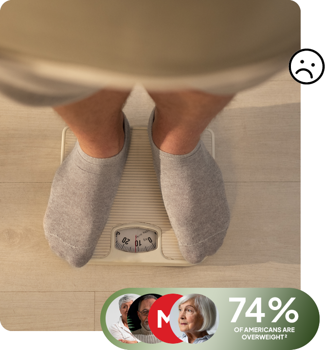 Man unhappy on a scale, representing adults feeling overweight in 2025.