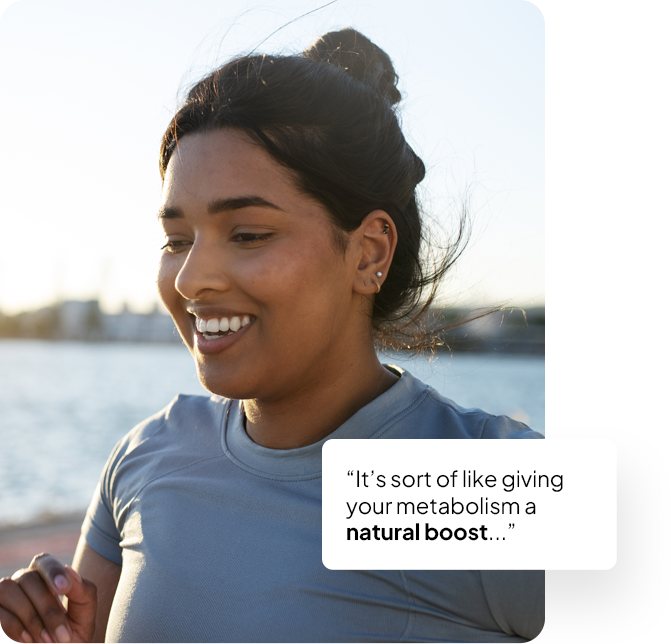 Woman running energetically, emphasizing calorie efficiency.