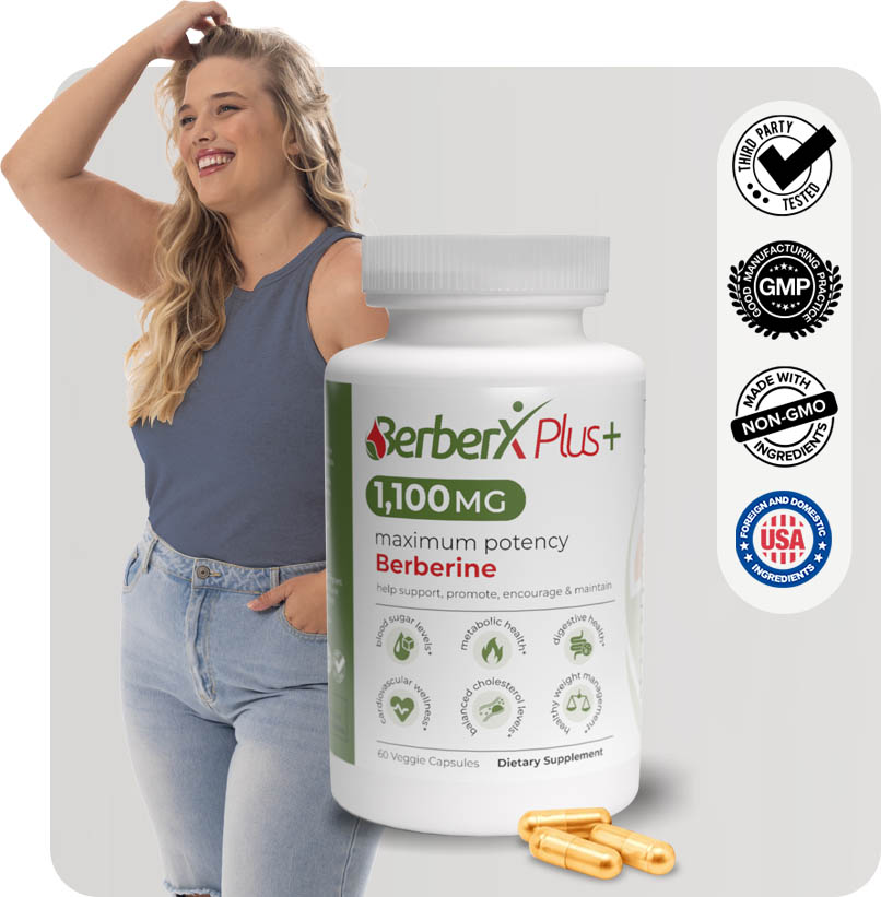 Woman smiling, celebrating weight loss and improved blood sugar with BerberX Plus; bottle of BerberX Plus Maximum Potency Berberine featured.