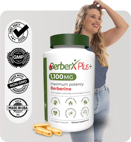 Woman smiling, celebrating weight loss and improved blood sugar with BerberX Plus; bottle of BerberX Plus Maximum Potency Berberine featured.