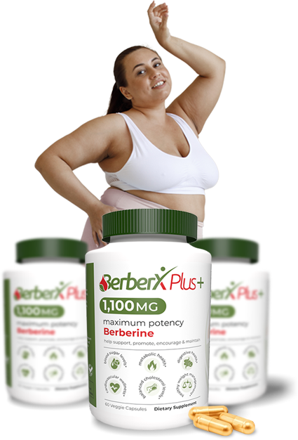 Overweight woman with belly fat and BerberX Plus bottle as a natural solution.