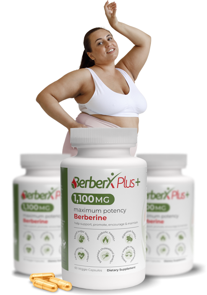 Overweight woman with belly fat and BerberX Plus bottle as a natural solution.